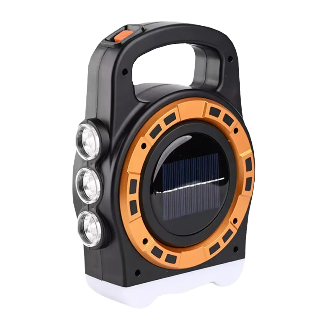 Linterna solar negra y naranja con 3 luces frontales LED y panel solar circular.