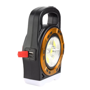 Linterna solar recargable, portátil, con puerto USB y asa, color negro con detalles naranja.