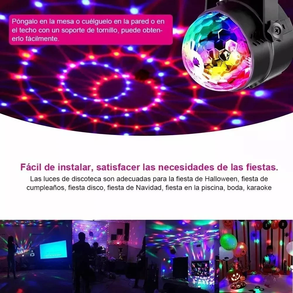 Lámpara de proyector con cúpula facetada multicolor, soporte ajustable y efectos de luces LED giratorias para fiestas, karaoke y celebraciones en interiores.
