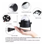 Lámpara de proyector disco LED de 13.3 cm de alto y 9.6 cm de ancho, incluye base metálica, tornillos, cable de alimentación y componentes internos visibles.