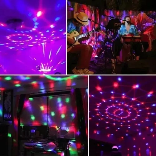 Lámpara de proyector con luces LED multicolor, proyectando patrones circulares de colores sobre techos y paredes en entornos de fiesta y música en vivo.