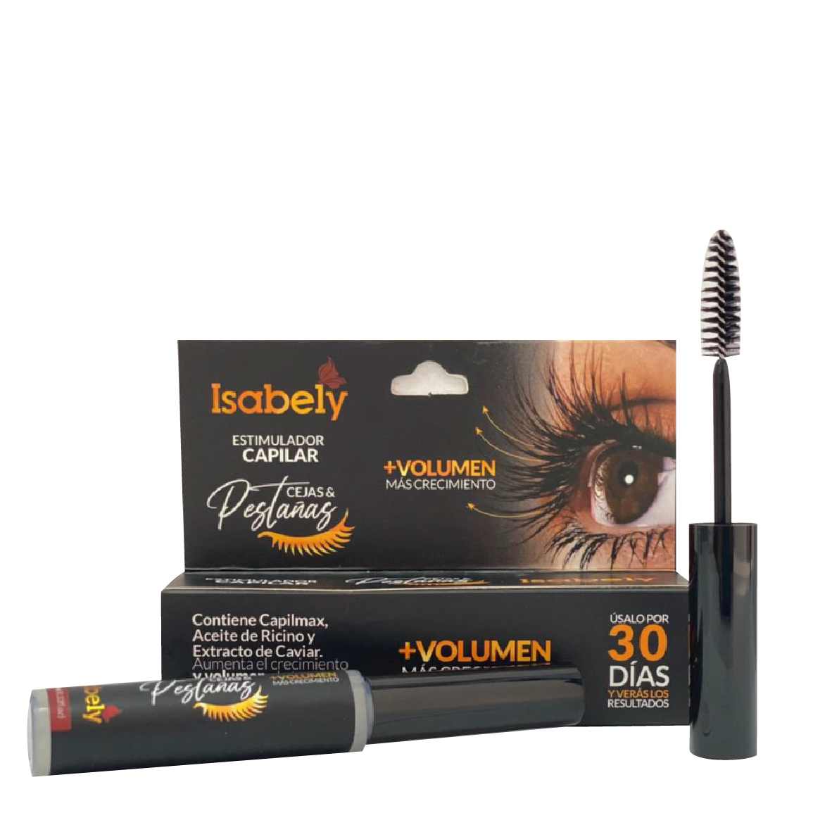 Isabely Sérum para pestañas y cejas con aplicador negro y empaque que resalta el crecimiento y volumen.