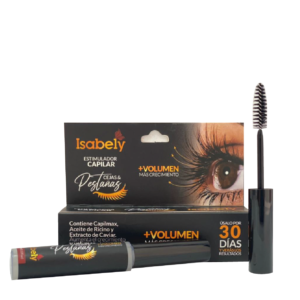 Sérum estimulador de crecimiento para pestañas y cejas Isabely, con aplicador tipo máscara, en empaque negro y dorado.