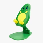 Soporte plegable para celular con forma de aguacate sonriente, color verde y amarillo, base estable para escritorio.
