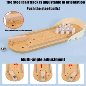 Mini juego de bolos de mesa de madera con pista ajustable y bola metálica.