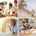Mini juego de bolos de mesa de madera para niños y adultos, con bolos blancos y esfera metálica.