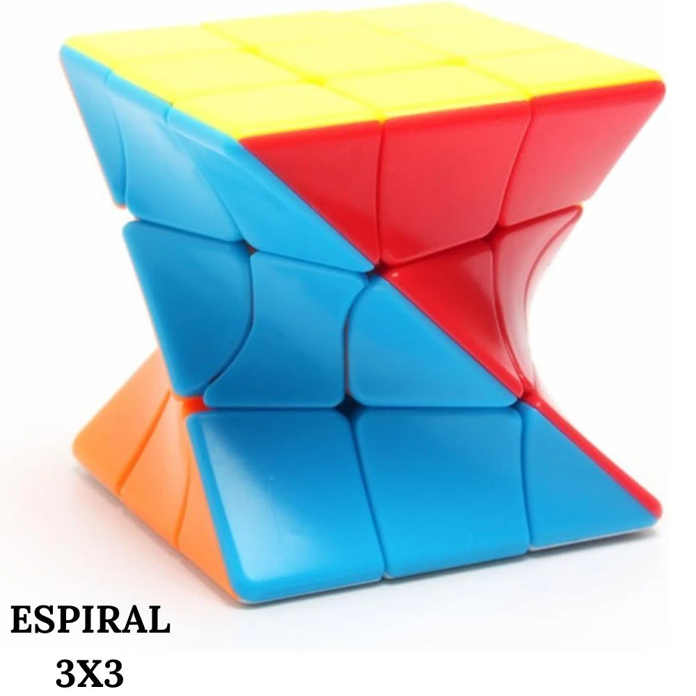 Cubo de Rubik espiral 3x3 color azul, rojo y amarillo, con forma retorcida.