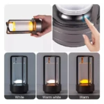 Lámpara de luz táctil portátil con marco negro, muestra ajustes de color blanco, blanco cálido y cálido, operada mediante un botón superior.