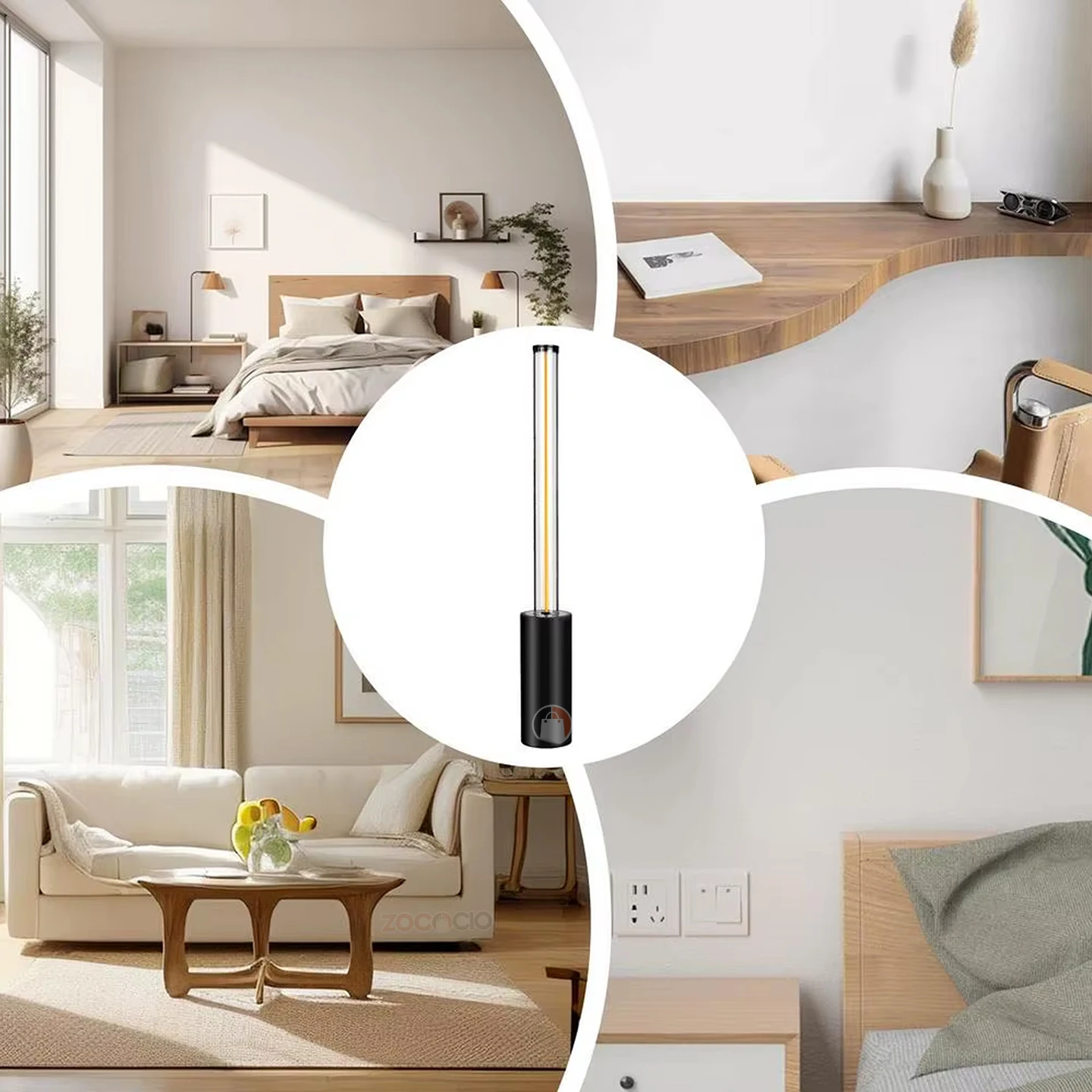 Mini lámpara de ambiente minimalista con base cilíndrica negra y cuerpo de tubo de luz LED transparente, ideal para decoración de mesas o espacios.