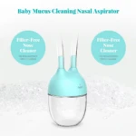 Extractor nasal de mocos para bebé color turquesa, sin filtros, dos boquillas, recipiente transparente.