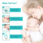 Instrucciones de uso para extractor nasal de mocos para bebés, con imágenes paso a paso.
