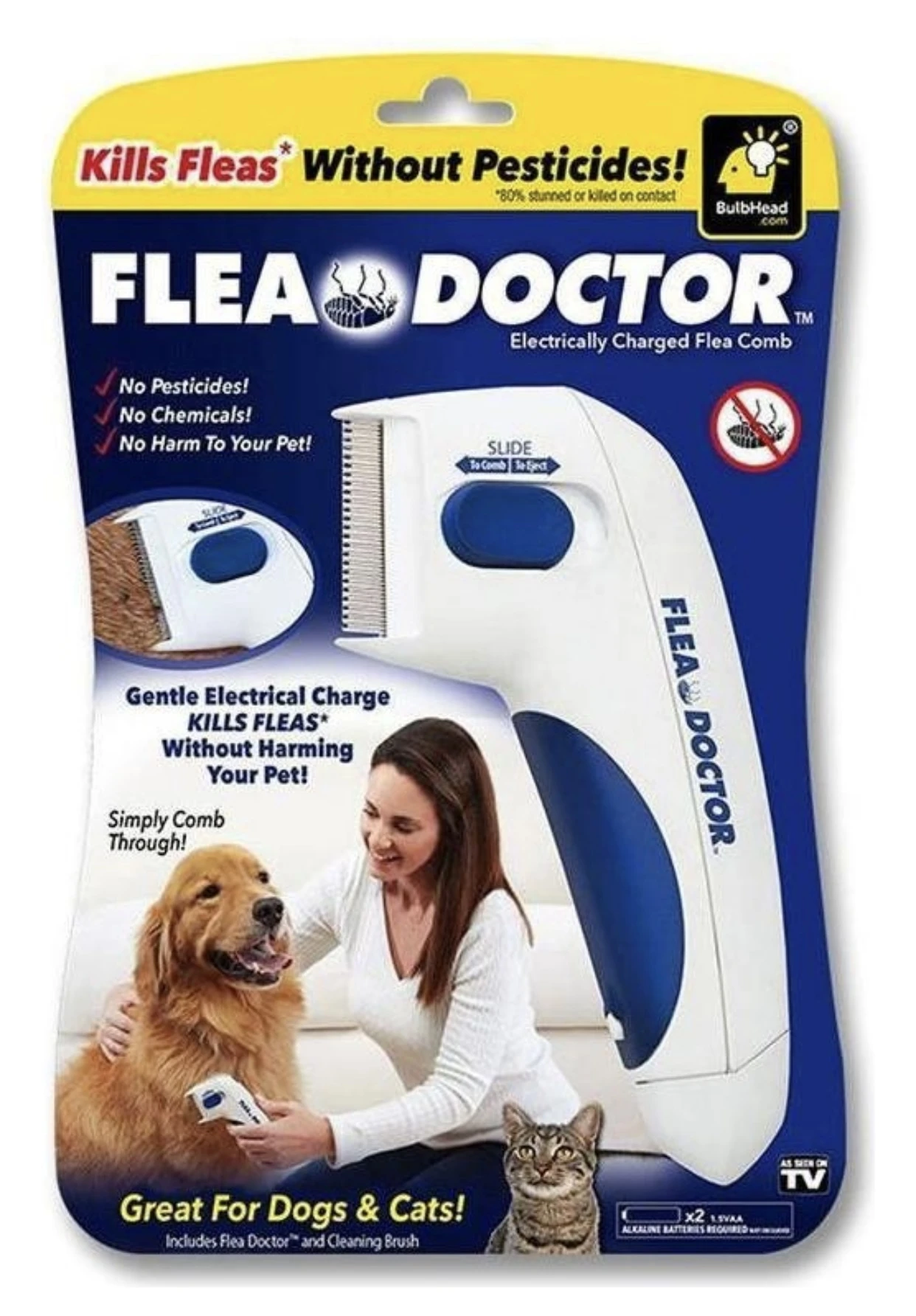 Peine eléctrico blanco y azul para perros y gatos, mata pulgas sin químicos. Incluye cepillo limpiador.