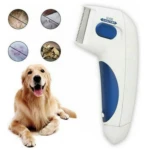Peine eléctrico blanco y azul para mascotas, mostrando un Golden Retriever y círculos con signos de infestación.