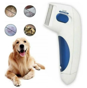 Peine eléctrico blanco y azul para mascotas, mostrando un Golden Retriever y círculos con signos de infestación.