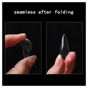 Uñas postizas press on transparentes y flexibles, mostrando su alta resistencia al doblarse sin dejar marcas blancas ni deformarse, ideales para manicura.