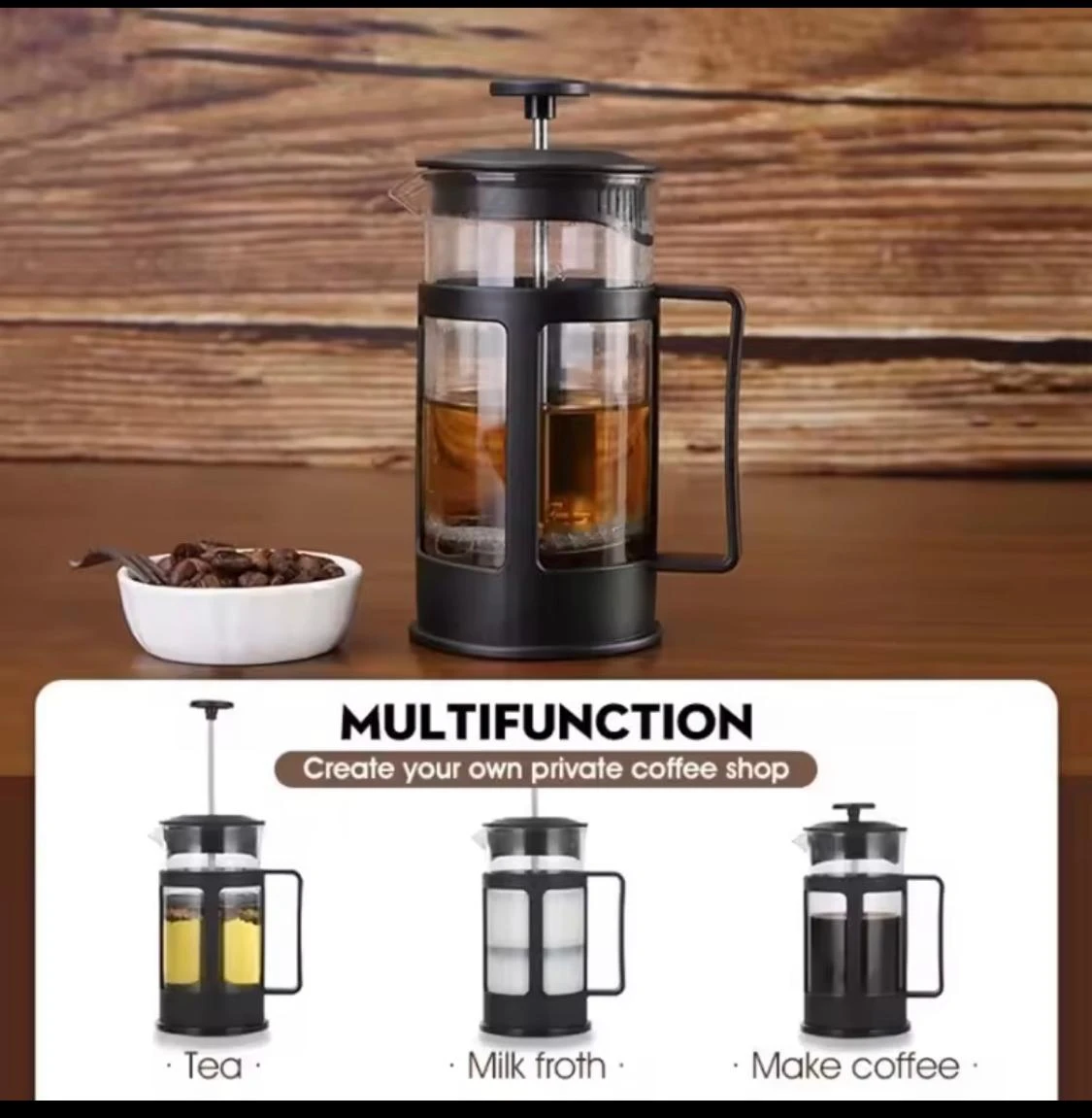 Cafetera prensa francesa de vidrio y metal negro, 600 ml, para té, leche y café.