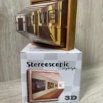 Lámpara de pared 3D con diseño de galería de arte en madera, de noche.