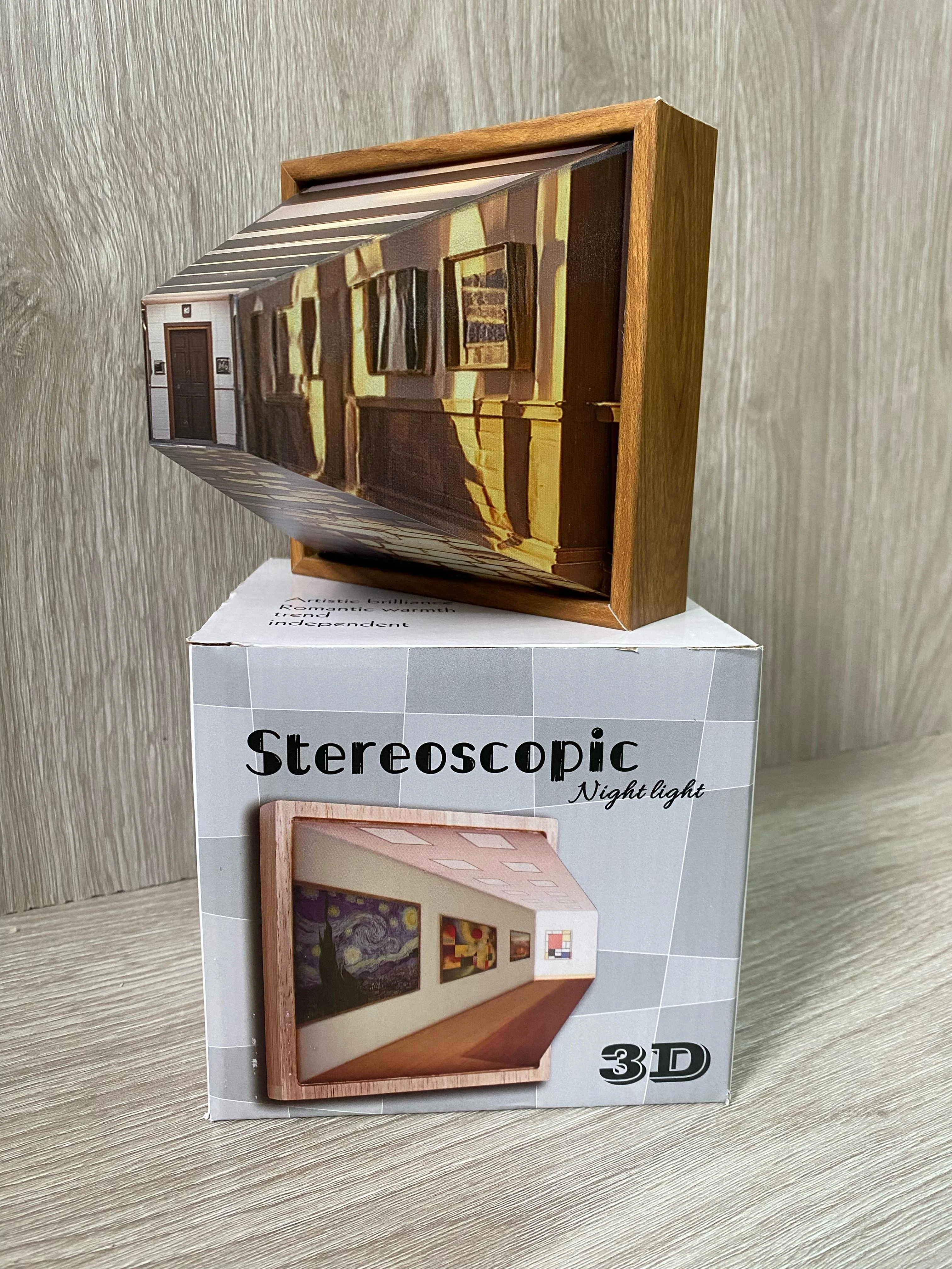 Lámpara de pared 3D con diseño de galería de arte en madera, de noche.