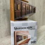 Lámpara 3D de pared con efecto estereoscópico, diseño pasillo madera y cuadros, ideal como velador.