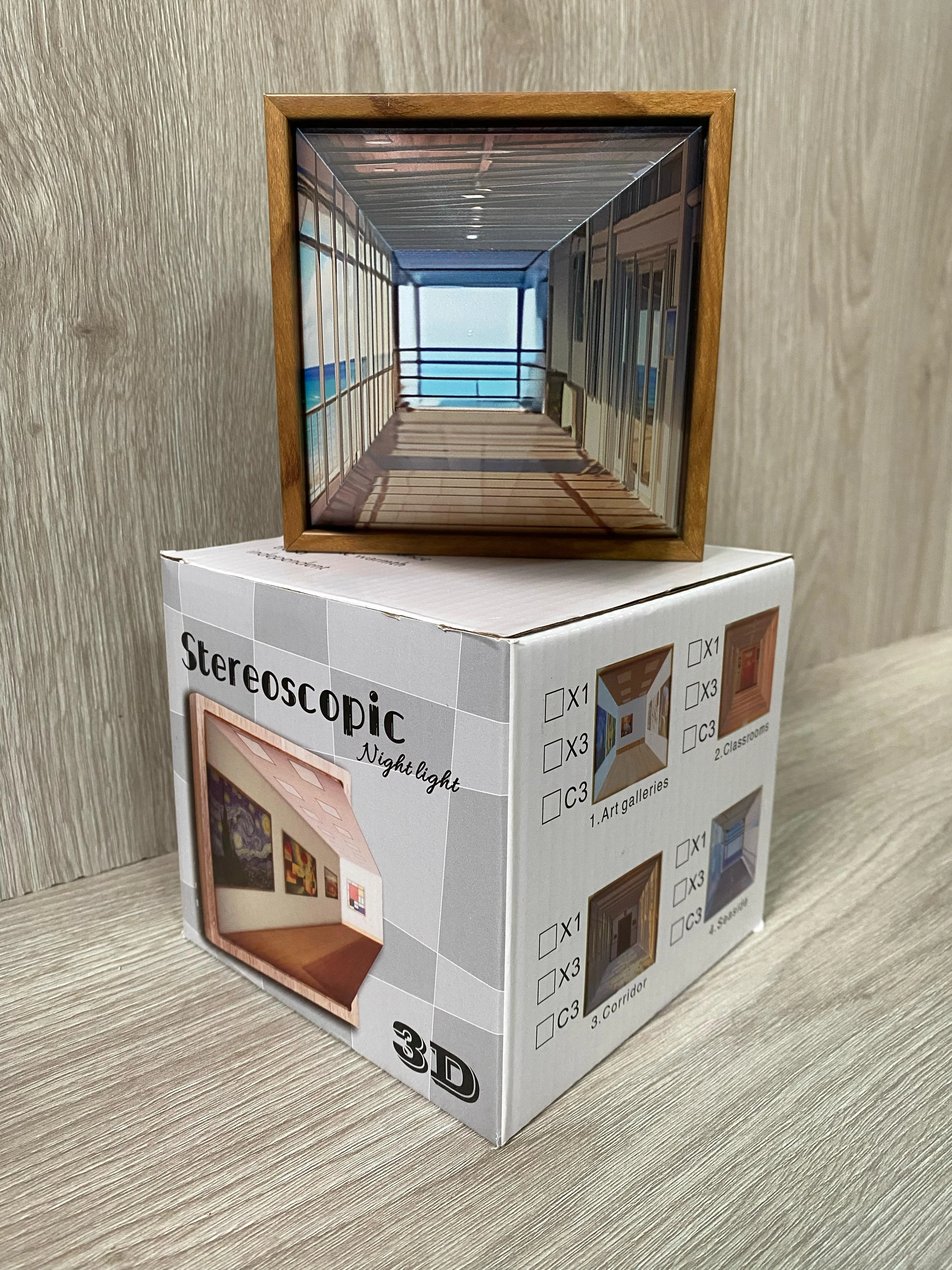 Lámpara de pared 3D con efecto estereoscópico, diseño de pasillo con vista al mar.