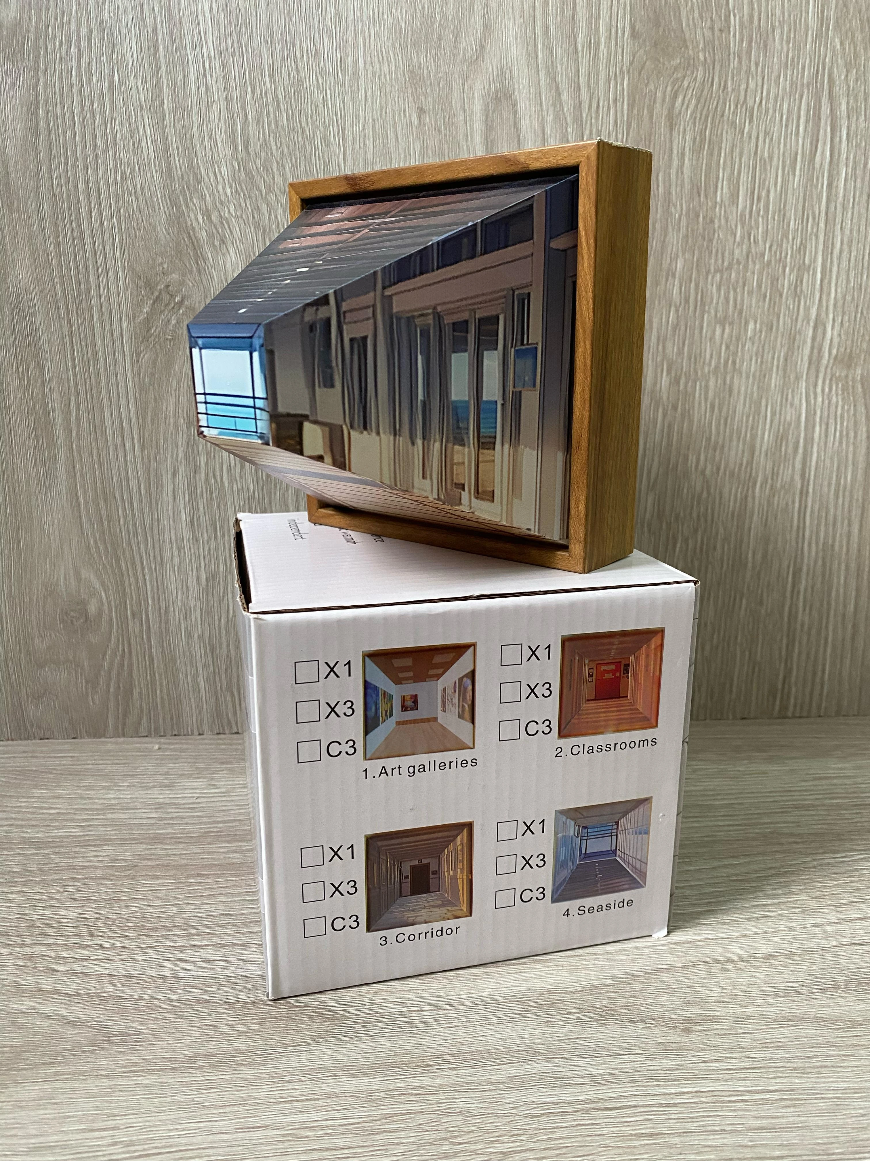 Lámpara de pared luz 3D estilo moderno con efecto de pasillo reflejado, base de madera.