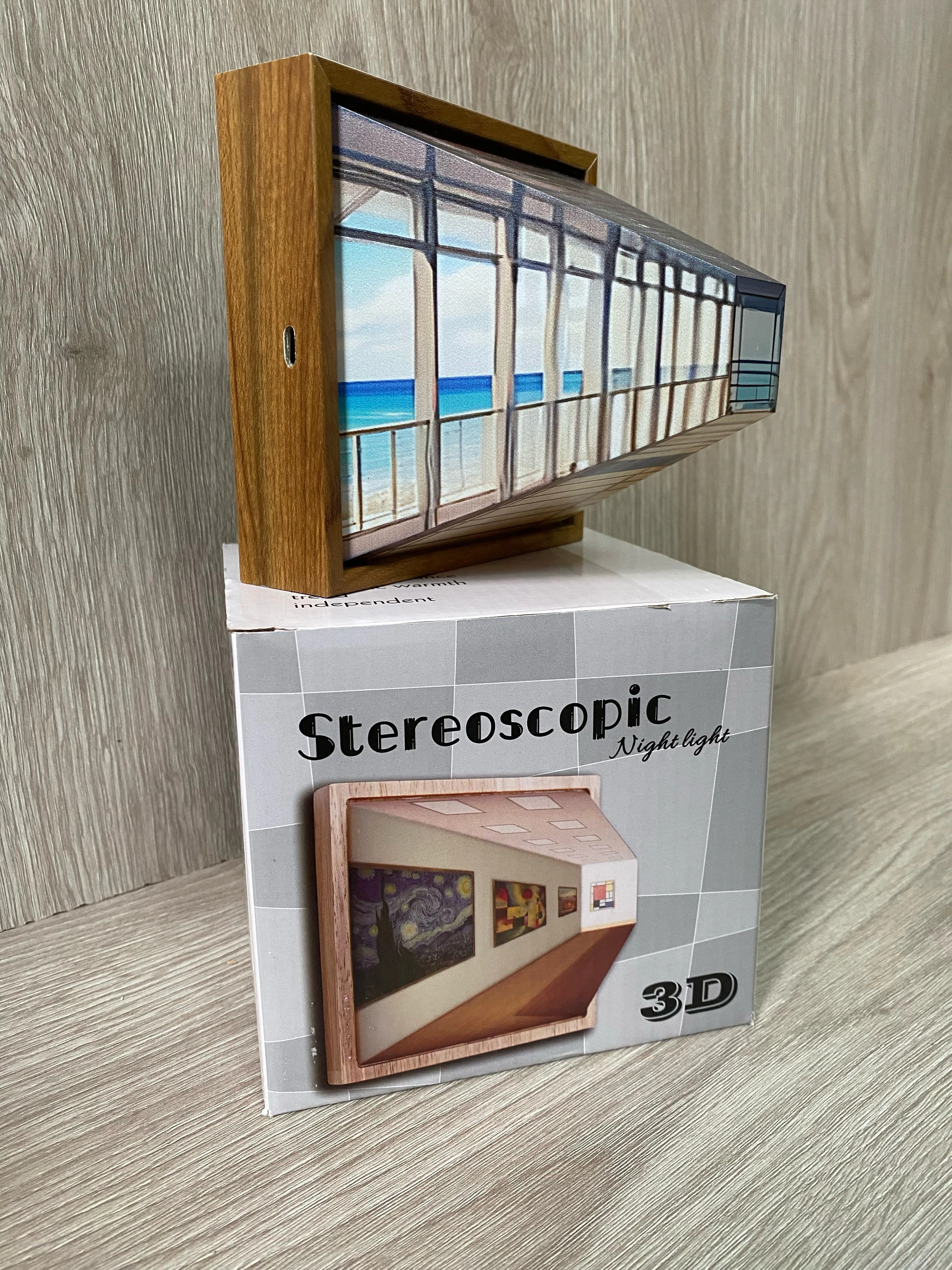 Lámpara 3D con escena de galería de arte y mar, diseño de madera.