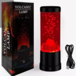 Lámpara de lava Volcano roja con forma cilíndrica y base negra, ideal para escritorio.