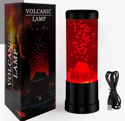 Lámpara de lava Volcano roja con forma cilíndrica y base negra, ideal para escritorio.