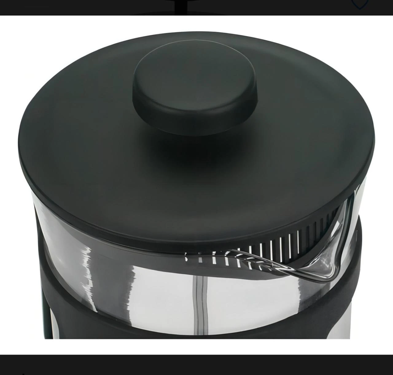 Cafetera prensa francesa de 600 ml con tapa negra y recipiente de vidrio transparente.