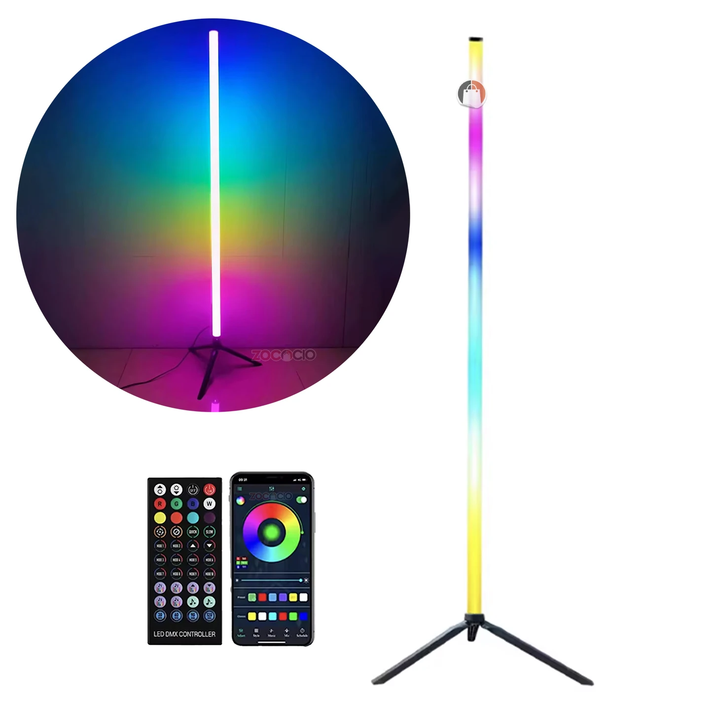 Lámpara de pie LED RGB con control remoto y app, ideal para escenarios y ambientes.