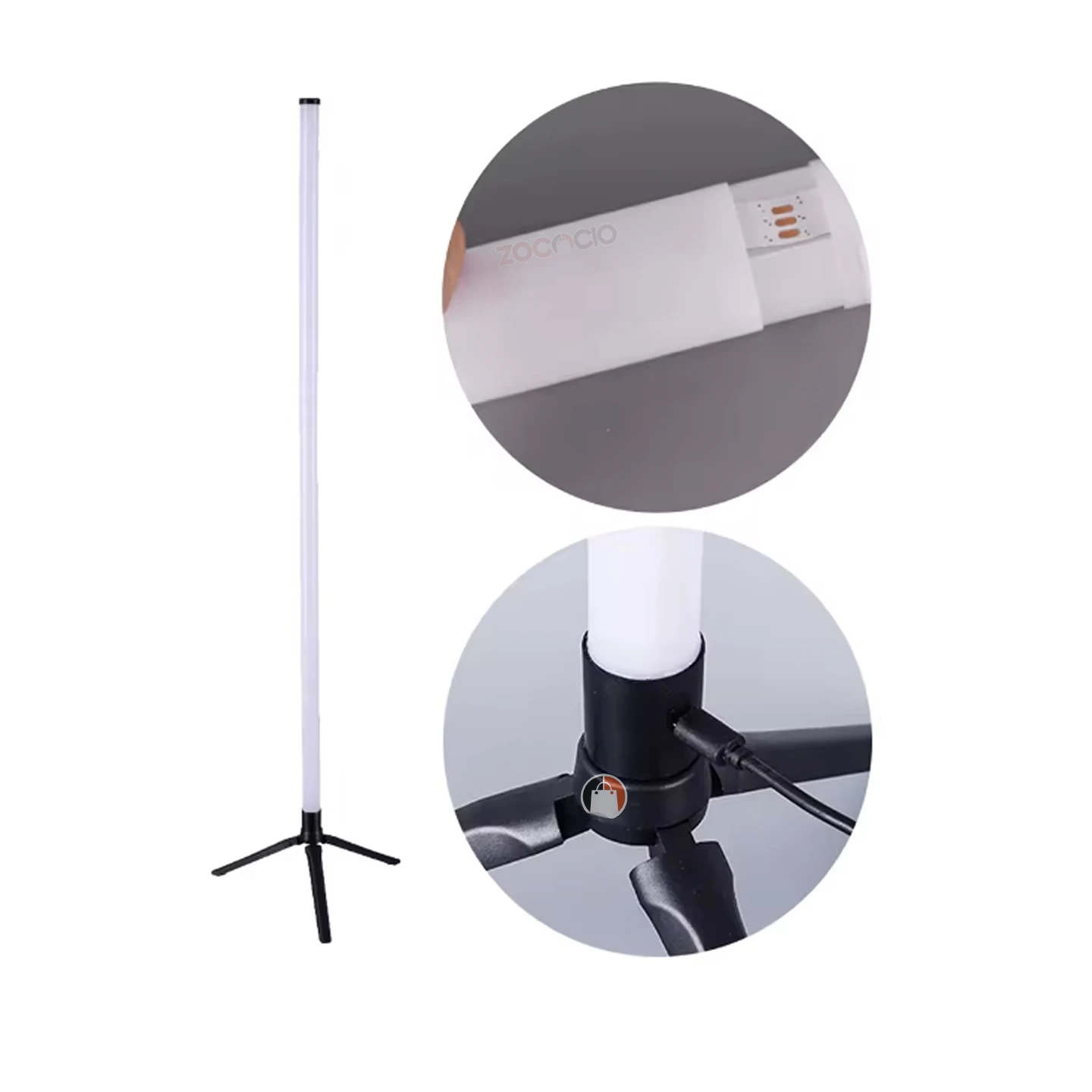 Lámpara de pie de escenario RGB con base trípode y conexión USB.