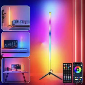 Lámpara de pie RGB, ideal para crear ambientes, con control remoto y app móvil, en uso en sala, TV y escritorio.