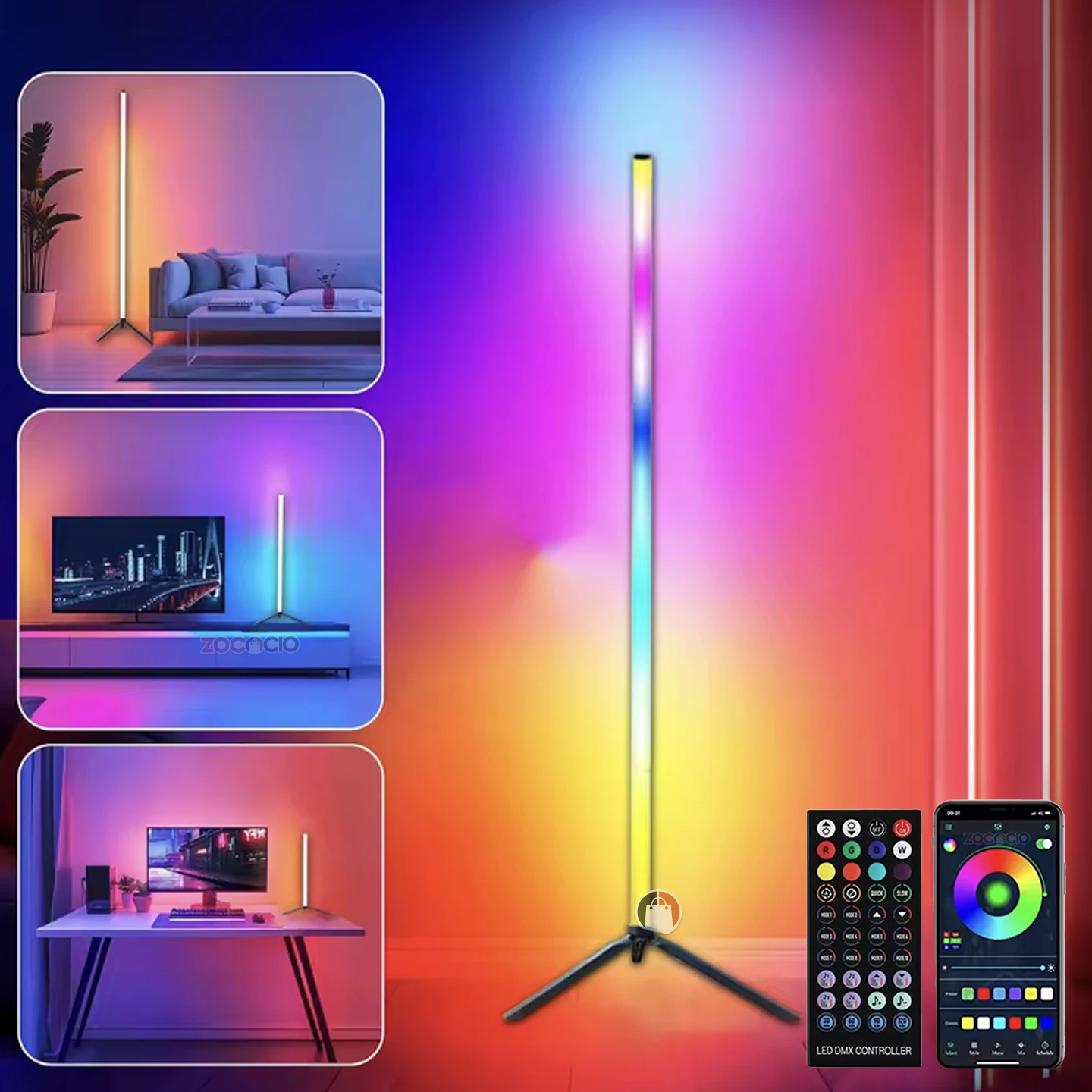 Lámpara de pie RGB, ideal para crear ambientes, con control remoto y app móvil, en uso en sala, TV y escritorio.