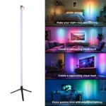 Lámpara de pie LED blanca con base trípode negra, ideal para crear ambientes de colores en habitaciones, sala de estar y gaming.