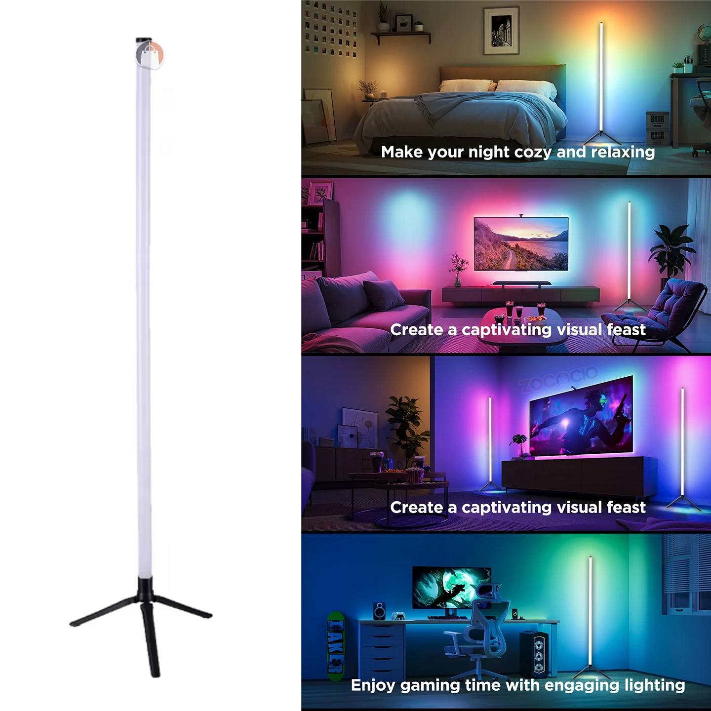 Lámpara de pie LED blanca con base trípode negra, ideal para crear ambientes de colores en habitaciones, sala de estar y gaming.