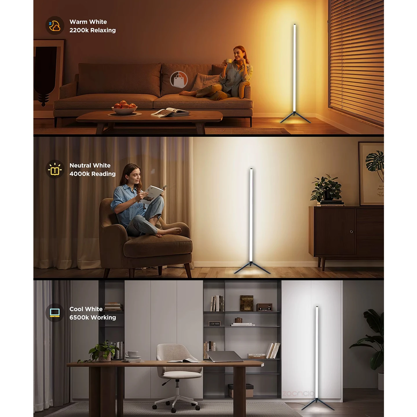 Lámpara de pie moderna con luz LED ajustable: cálida 2200k, neutra 4000k y fría 6500k.