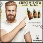 Hombre con barba abundante señala tres frascos color ámbar de Tónico Capilar Fortalecedor Markhor en distintos tamaños, promoviendo el crecimiento facial.
