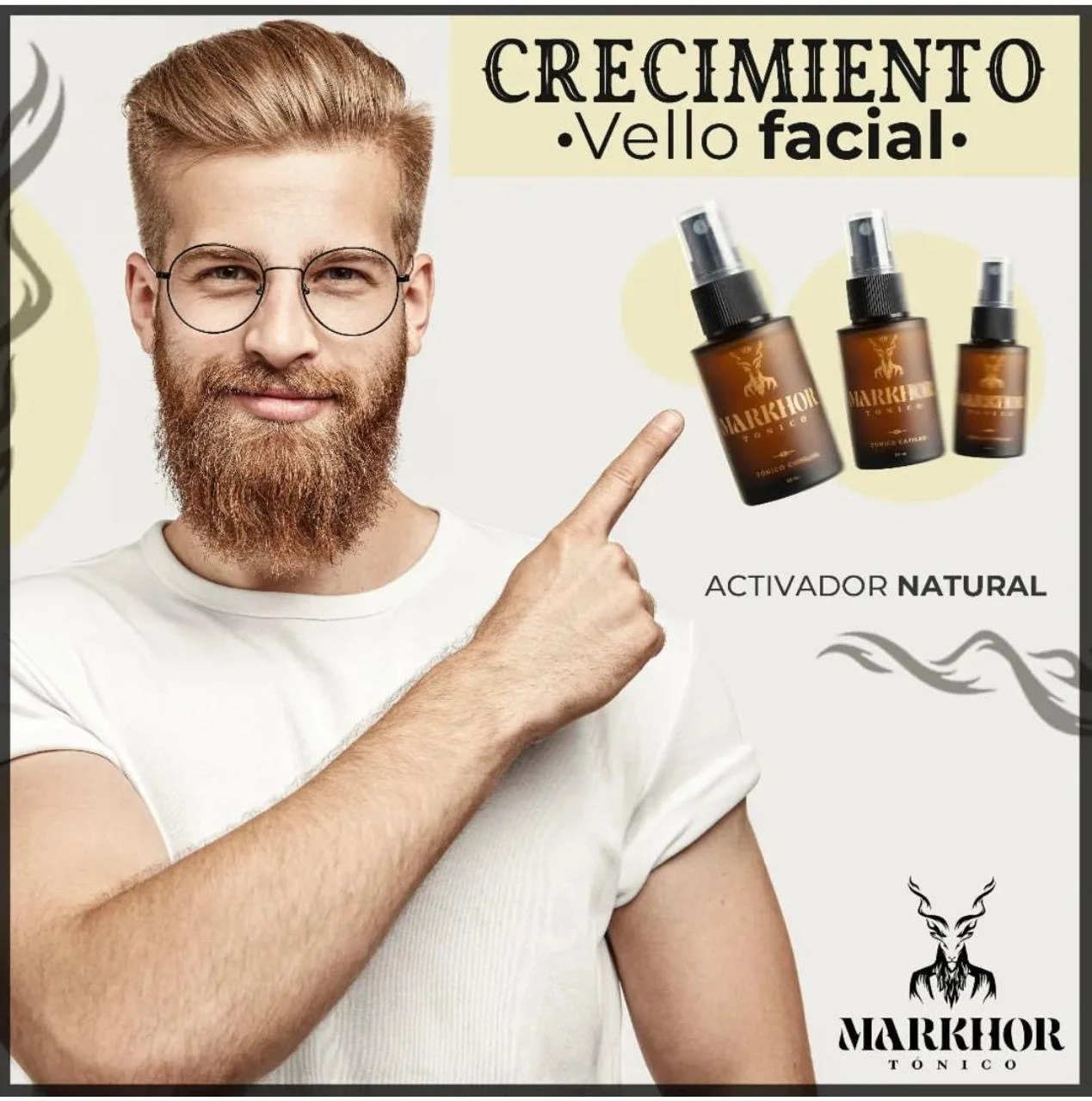 Hombre con barba abundante señala tres frascos color ámbar de Tónico Capilar Fortalecedor Markhor en distintos tamaños, promoviendo el crecimiento facial.