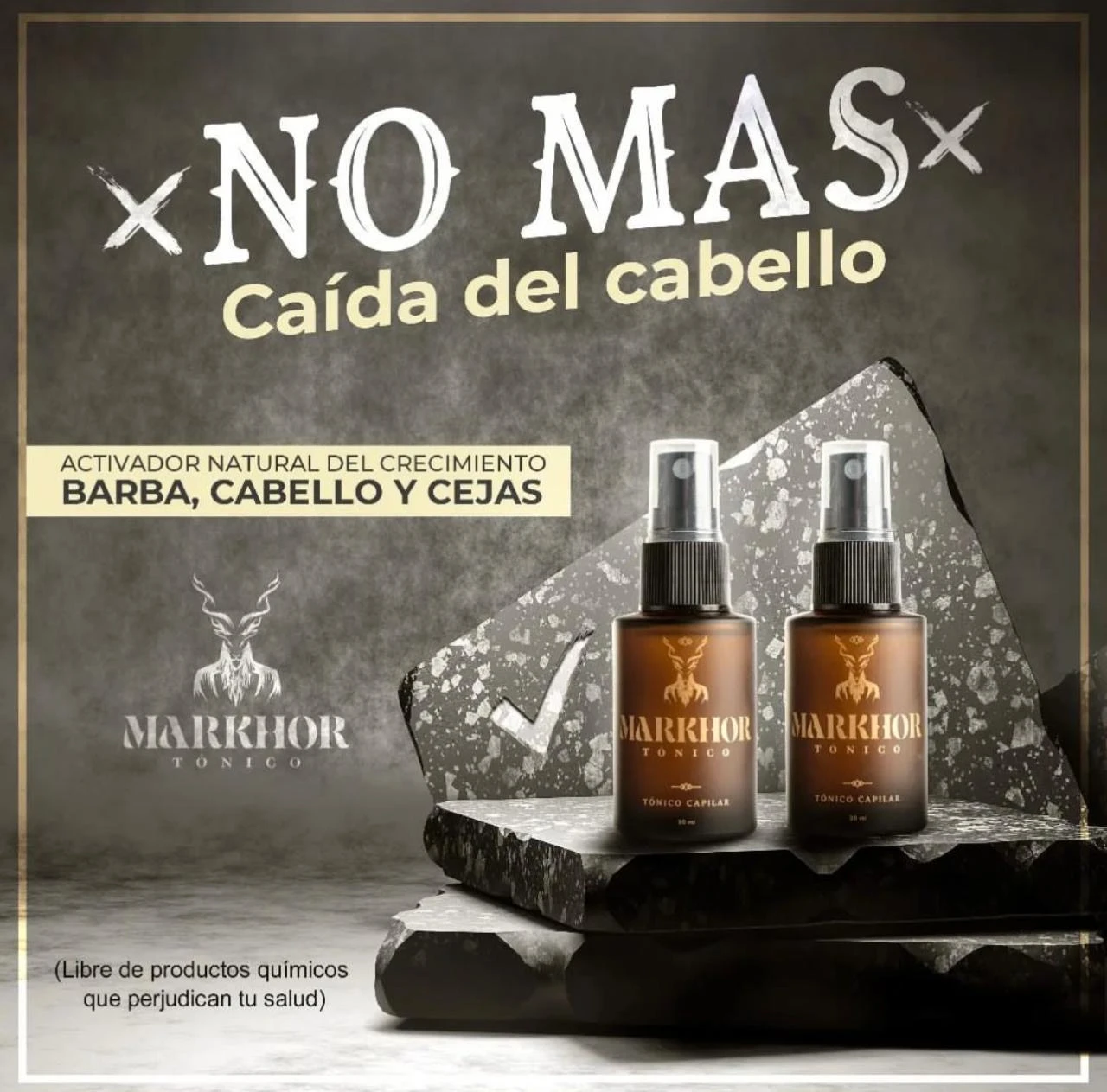 Dos frascos de tónico capilar Markhor sobre base de piedra gris, diseñado para activar el crecimiento natural de barba, cabello y cejas sin químicos.