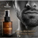 Frasco de vidrio ámbar de 30 ml con atomizador negro de Markhor Tónico Capilar para el crecimiento del vello facial, junto a un hombre con barba poblada.