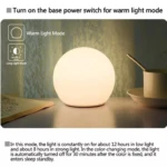 Lámpara de mesa blanca de silicona, luz nocturna cálida, con leyenda sobre modos de uso.