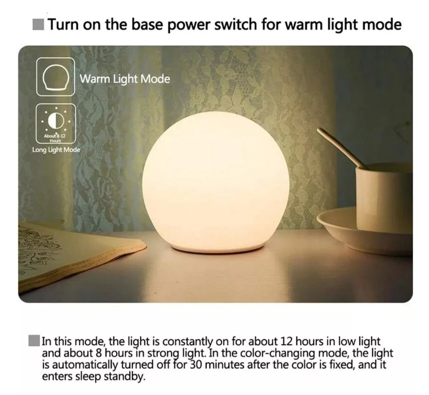 Lámpara de mesa blanca de silicona, luz nocturna cálida, con leyenda sobre modos de uso.