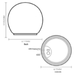 Lámpara de mesa silicona blanca, forma esférica, carga USB, 103mm alto, 115mm ancho. Vista lateral y base.