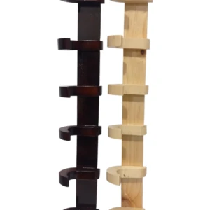 Percheros de madera, uno oscuro y otro claro, ambos con 6 ganchos curvos para colgar objetos.