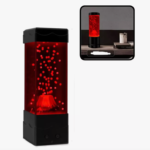 Lámpara de lava rectangular roja con base negra y forma de volcán, ideal para decorar.