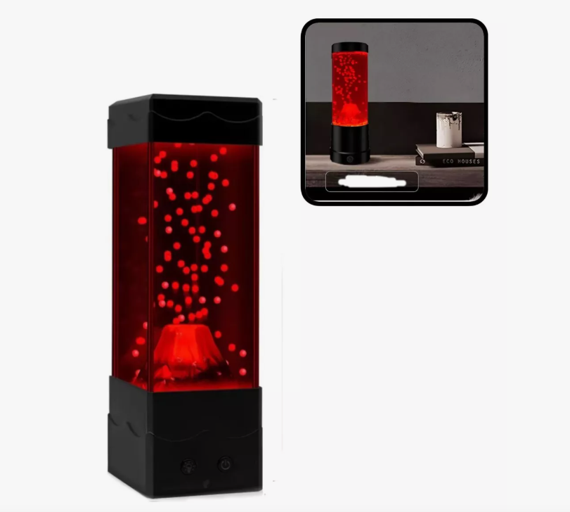 Lámpara de lava rectangular roja con base negra y forma de volcán, ideal para decorar.