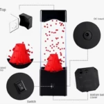 Lámpara de lava con diseño de volcán rojo, burbujas rojas y detalles de funcionamiento.