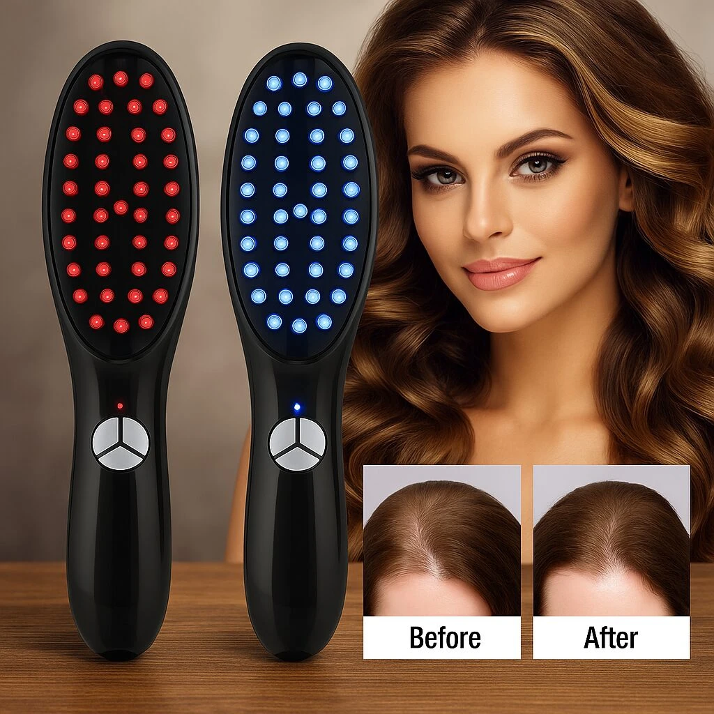 Cepillo estimulador capilar con luz LED roja y azul, botón central, junto a una mujer y recuadros comparativos de crecimiento de cabello antes y después.