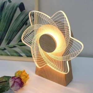 Lámpara giratoria 3D decorativa de madera con diseño de espiral de luz cálida.