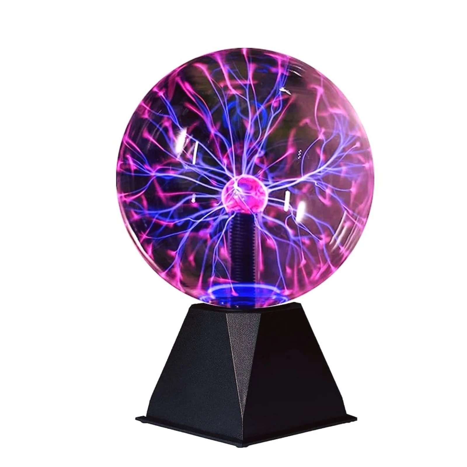 Bola de cristal lámpara Tesla eléctrica con base negra y rayos violetas y azules.